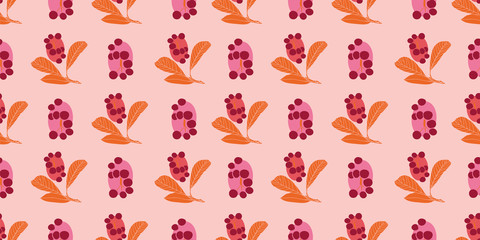 Vintage fall geometric vector seamless background, red berry and geometric shape on pink background. Autumn design, autumn floral, vector seamless pattern with berry and plant. Floral decor.