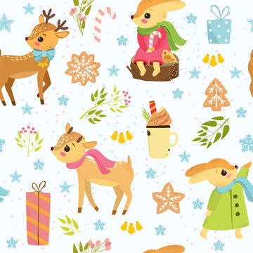 Cute vector seamless Christmas pattern with deers and hares, gingerbread cookies, gifts, snowfall. New Year for little children