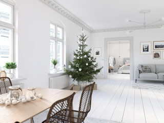 3D-Illustration. new nordic living room with a christmas tree.