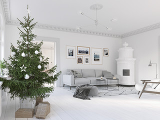 3D-Illustration. new nordic living room with a christmas tree.