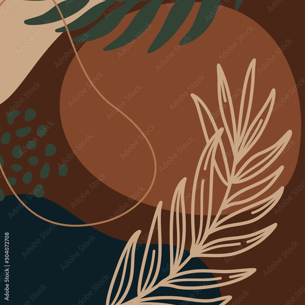Sticker abstract print plants and palm leaf line and geometric shapes in a minimal trendy art in broun color
