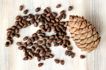 Pine cone and nuts on light wooden background. Healthy eating, organic food, vegetarian concept.