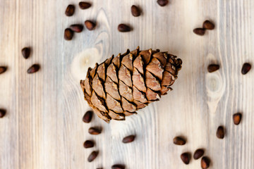 Pine cone and nuts on light wooden background. Healthy eating, organic food, vegetarian concept.