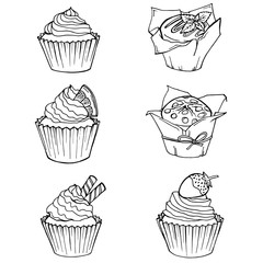 Sketch Cupcakes and muffins. Set of hand drawn cakes. Vector illustration of baking. Cafe doodle menu.