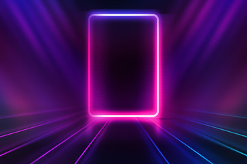 Empty dark abstract background. Background of an empty show scene. Glow of neon lights on an empty stage.