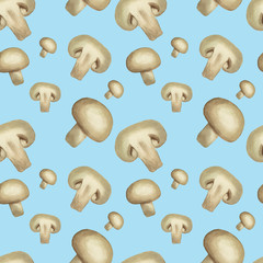 Seamless watercolor pattern with champignon. Vegetable background with realistic mushrooms. Perfect for menu, textile design and decoration