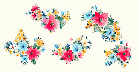 Flowers watercolor illustration.Manual composition.Big Set watercolor elements.