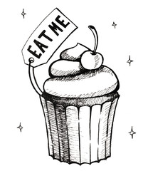 Hand drawn sketch of cup cake with sign eat me