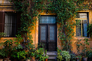 Antique front door. Yard full of plants in the Trastevere area. Italy, Rome.