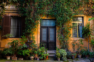 Fototapeta na wymiar Antique front door. Yard full of plants in the Trastevere area. Italy, Rome.