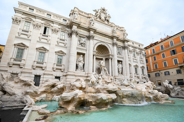 Fototapeta na wymiar Wide angle view of The Famous Trevi Fountain. A popular tourist spot in the city center. 28.10.2019 Rome, Italy