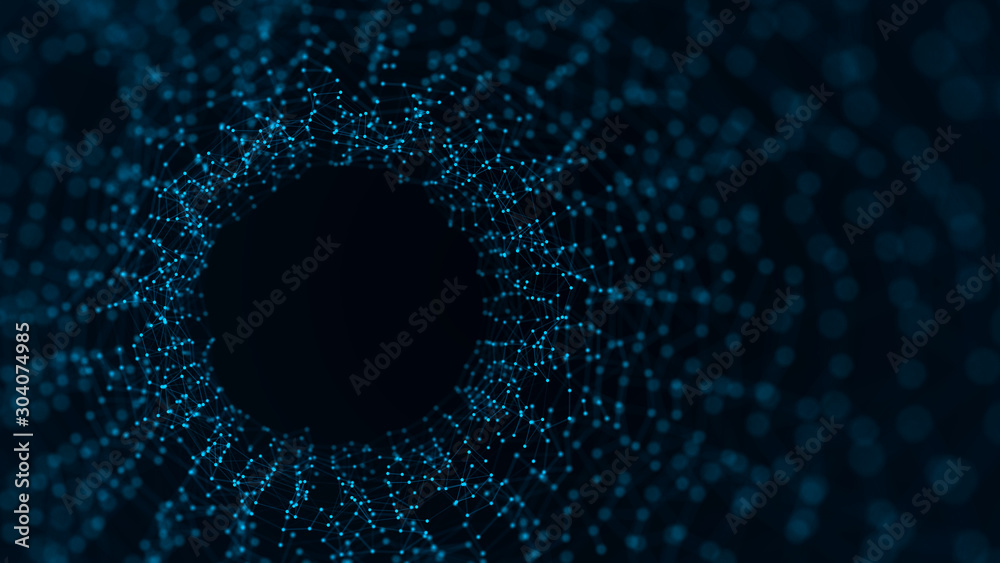 Poster Abstract digital wormhole. Sci-fi tunnel or portal. Digital binary data tunnel. Futuristic space travel concept. Wireframe 3d surface. 3d rendering.