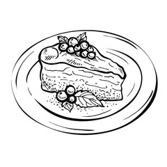 Sketch Piece of cake charlotte. Hand drawn vintage Thanksgiving pie illustration
