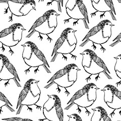 Cute birds seamless vector pattern, hand drawn robin background