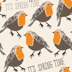 Cute birds seamless vector pattern, hand drawn robin background