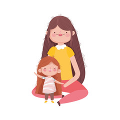 mother and little girl characters on white background