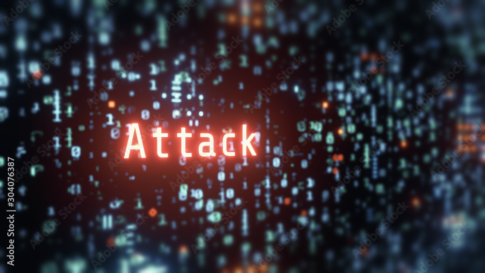 Poster 3d rendering of wording attack in glowing red color with blur binary background. concept of business