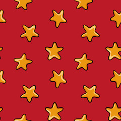 Seamless Christmas pattern yellow star. Endless texture for textile, scrapbook or wrapping paper. Cute New year vector pattern with red background. Xmas decoration.