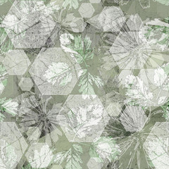 Seamless abstract pattern. Daisies, hexagons and twigs in white and green. Kaleidoscope.