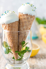 Ice cream marshmallow in a waffle cone for ice cream