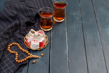 Bowl of traditional turkish lokum close up