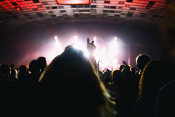 Fototapeta premium Silhouette of a crowd of fans at a concert.