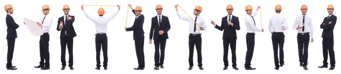 panoramic photo collage of confident architect isolated on white