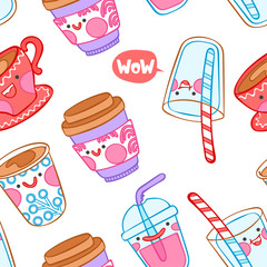 Drinks. Cute characters. Seamless vector pattern (background). Cartoon print.
