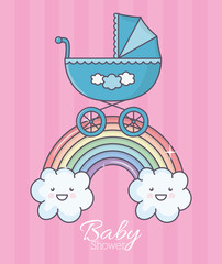 baby shower blue pram rainbow clouds stripes background