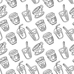 Drinks. Cute characters. Seamless vector pattern (background). Cartoon print.