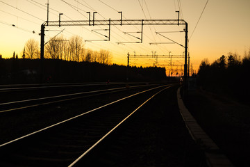 Fototapeta na wymiar Beautiful sunset at railway in Kouvola, Finland.