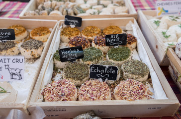 Assortment of different cheeses sold at local city market. Provence. France