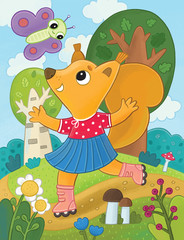 Bright cute children's illustration: a squirrel rides on roller skates in the forest, a butterfly flies over it