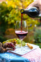 Pouring yound red beaujolais wine in glass during celebration of end of harvest and first sale...