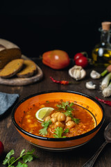 Vegetables, lentils and chickpeas vegetarian or vegan soup, source of protein