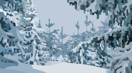 Fototapeta na wymiar winter cartoon forest background with snowy fir trees