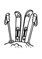 children's skis and poles on a pile of snow, black and white clipart