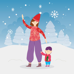 merry christmas mom and son trees snow snowflakes outdoor