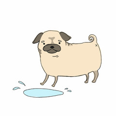 Dog stands near a puddle. Vector illustration.