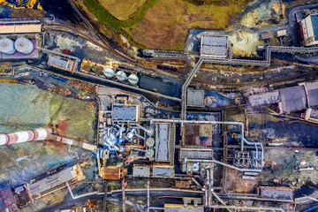 Fototapeta na wymiar environmental pollution by factory for the production of copper in an open way, an environmental catastrophe , Urals, krabach view from the drone