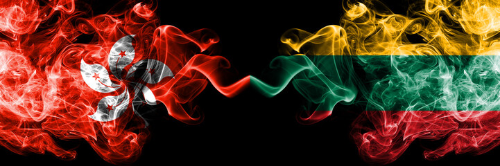 Hong Kong, China vs Lithuania, Lithuanian smoky mystic states flags placed side by side. Concept and idea thick colored silky abstract smoke flags