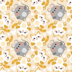 Seamless pattern with cats and mice in kawaii style