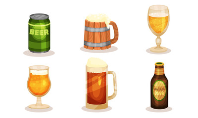 Dark and light beer in bottles, cans and mugs. Vector illustration on a white background.
