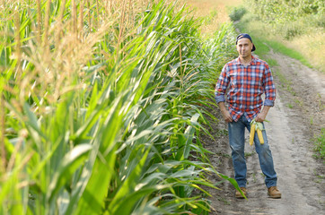 Middle aged caucasian farm worker stands near maize field evening sunset time somewhere in Ukraine