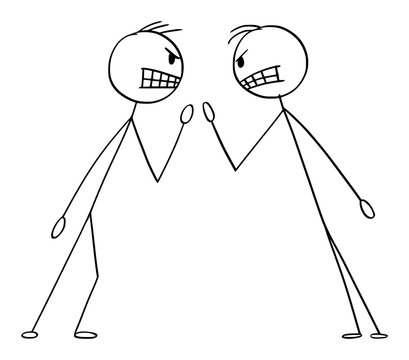 Vector Cartoon Stick Figure Drawing Conceptual Illustration Of Two Angry Men Or Businessmen In Fight Argument Or Arguing.