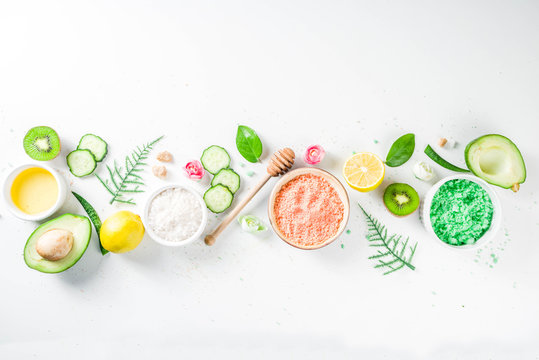 Natural and organic cosmetic concept. Spa and aromatherapy, Homemade cosmetics ingredients, extracts for natural beauty skincare product honey, lemon, almond, kiwi, cucumber, aloe vera, salt, yogurt