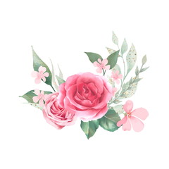 Watercolor flowers and leaves. Botanic composition for wedding or greeting card.