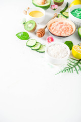 Natural and organic cosmetic concept. Spa and aromatherapy, Homemade cosmetics ingredients, extracts for natural beauty skincare product honey, lemon, almond, kiwi, cucumber, aloe vera, salt, yogurt