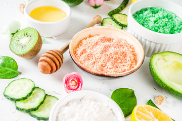 Natural and organic cosmetic concept. Spa and aromatherapy, Homemade cosmetics ingredients, extracts for natural beauty skincare product honey, lemon, almond, kiwi, cucumber, aloe vera, salt, yogurt