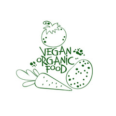 Vegan Organic Food. Vegetables lettering. Carrot, potato, tomato. Isolated vector object on a white background.